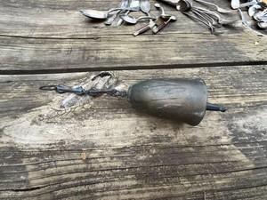 Antique Cast Bronze Metal Hanging Bell With Forged Iron Hook Chain