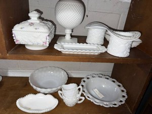 Vintage Milk Glass Vanity & Tableware Lot Hat Vases Bowl Dresser Box