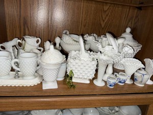 Vintage White Milk Glass Hobnail Ruffled Vase Basket Dish Lot