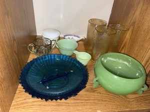 Vintage Mixed Glass & Ceramic Housewares Jadeite Blue Amber Lot
