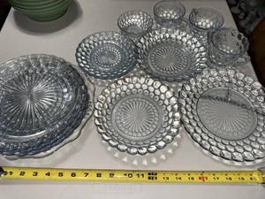 Vintage Blue Thumbprint Pressed Glass Dinnerware Lot Plates Bowls Cups
