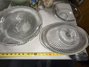 Vintage Pressed Glass Serving Pieces Ribbed Bowl Covered Dish Set