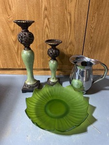 Decorative Candlestick Set Green Glass Bowl Silver Tone Pitcher Lot