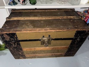 Antique Steamer Trunk Wood Slat Dome Top Storage Chest