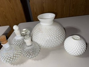 Vintage Hobnail Milk Glass Vanity Bottles Lamp Shade & Rose Bowl