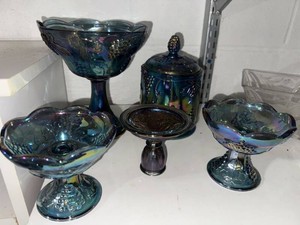 Vintage Blue Carnival Glass Grape Pattern Compotes & Covered Jar Set