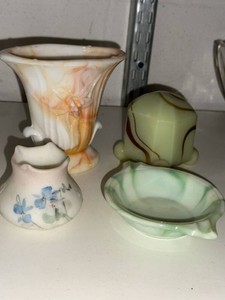 Vintage Art Glass Vanity Lot Uranium Glass Ashtray Vase Creamer