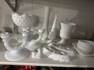Lot of Assorted Vintage White Milk Glass Vases Candleholders Bowls