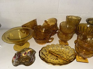 Vintage Amber Pressed Glass Serving Bowls Sherbets Candy Dish Lot