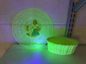 Vintage Uranium Glass Plate & Custard Glass Bowl UV Reactive Lot