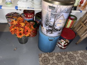 Lot of Assorted Decorative Holiday Cookie Tins & Faux Floral Decor