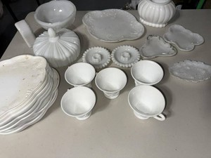 Mixed Vintage White Milk Glass Serving Pieces Cups Plates Covered Dish