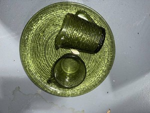 Vintage Avocado Green Textured Glass Luncheon Set Cups Plates Creamer