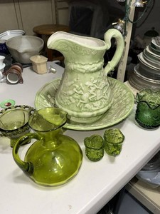 Lot of Vintage Green Glass & Ceramic Wash Basin Pitcher Decor
