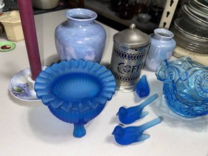 Vintage Blue Art Glass Decor Lot Satin Glass Birds Vases Bowl Canister