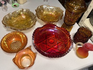 Vintage Carnival Glass Lot Red Amber Marigold Bowls Vase Pitcher