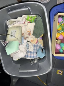 Box Lot of Easter Decor, Plastic Eggs & Assorted Linens