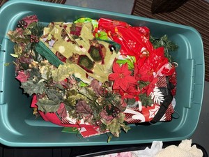 Box Lot of Assorted Christmas Decor Linens Gift Bags & Florals