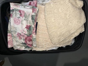 Box Lot of Assorted Curtain Panels Lace Floral Satin Crochet Decor