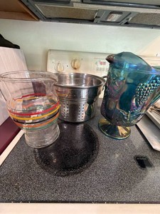 Vintage Carnival Glass Pitcher & Striped Pitcher with Stainless Colander