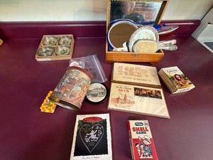 Vintage Vanity Set Ephemera Box Lot Mirrors Coasters Tin Shell Game
