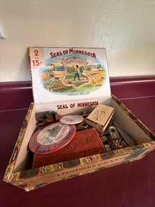 Vintage Seal of Minnesota Cigar Box With Mixed Smalls & Utensils