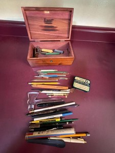 Vintage Wooden Keepsake Box with Assorted Desk Accessories & Tin