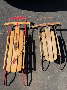 Pair of Vintage Wood Snow Sleds Flexible Flyer & Child Runner