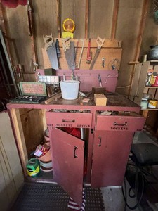 Workbench Cabinet With Assorted Hand Tools & Garage Miscellaneous