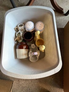 Box Lot of Assorted Vintage Ceramic Housewares & Silverplate Tray