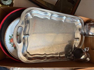 Mixed Vintage Serving Tray Lot Silverplate Tray Creamer Sugar Bowl
