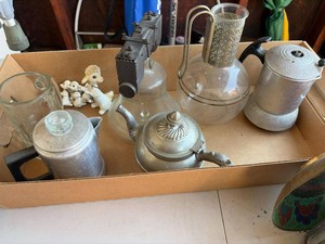 Mixed Vintage Kitchenware Lot Aluminum Coffee Pots Glass Cruet Decor