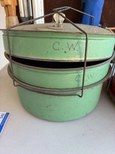Pair of Vintage Enamelware Covered Food Carrier Tins Floral Decor