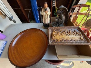 Lot of Assorted Religious Decor Wood Bowl Angel Statue Wall Plaque
