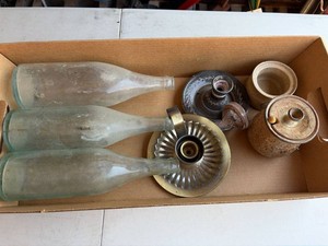 Lot of Vintage Glass Bottles, Stoneware Pottery & Candle Holders