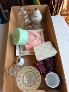 Vintage Vanity Decor Lot Glass Jars Tray Royal Sealy Six Flags Japan