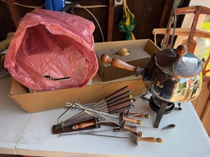 Box Lot of Vintage Kitchenware Fondue Set Flatware & Decor Pieces