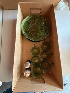 Vintage Avocado Green Textured Glass Dinnerware Set Plates Mugs