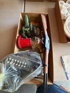 Box Lot of Vintage Toy Rifle Holster Set Tool Chest Tractor