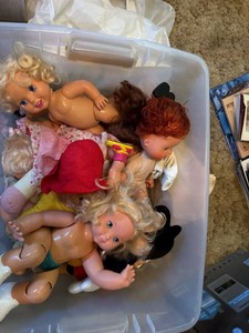 Box Lot of Assorted Dolls & Plush Toys Mickey Mouse Teddy Bear