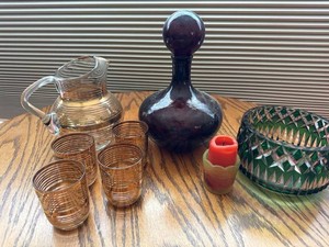 Vintage Art Glass Barware & Decor Lot Amber Colony Glasses Pitcher