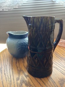 Pair of Vintage Unmarked Art Pottery Pitchers Brown Blue Glaze