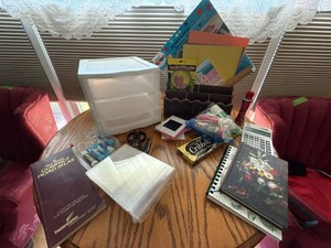 Box Lot of Assorted Desk Supplies Crafts Organizer Calculator Games