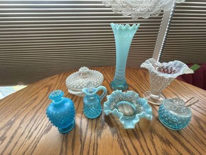 Vintage Hobnail Art Glass Lot Blue Opalescent Vase Vanity Pieces