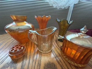 Vintage Marigold Carnival Glass Vases Creamer Covered Sugar Frog