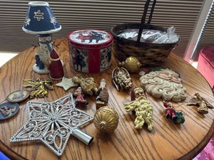 Lot of Assorted Christmas Decor Santa Angel Ornaments Lamp Tin Basket