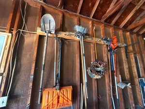 Lot of Assorted Yard Tools Shovel Rakes Hedge Trimmer Snow Pusher