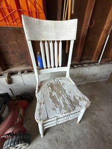 Antique Primitive Painted Wood Spindle Back Plank Seat Chair