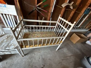 Vintage White Painted Wooden Doll Crib Bed With Floral Mattress