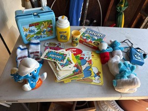 Vintage Smurfs Collectibles Lot Lunchbox Thermos Books Plush Cards